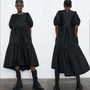 Zara Asymmetric Poplin Midi Dress in Black